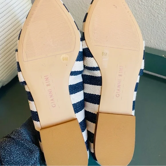GIANNI BINI Blue White Nautical Stripe Canvas Pointy Toe Bow Flats - Picture 9 of 10